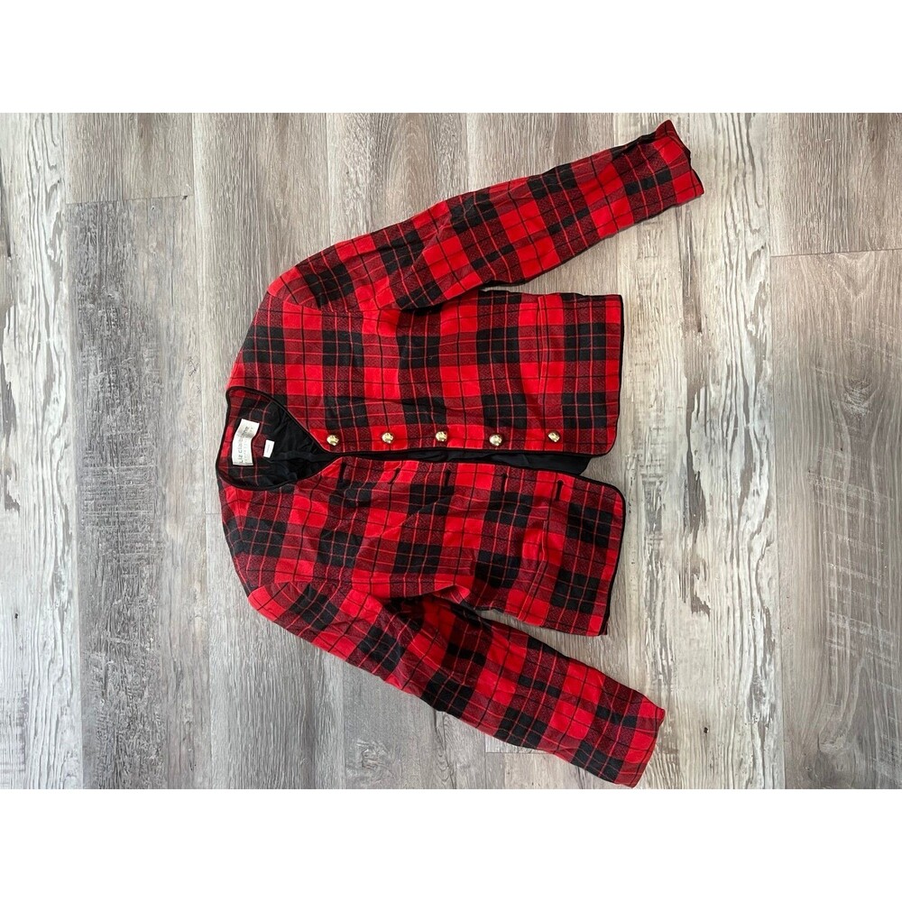 Vintage Liz Claiborne Red Black Buffalo Plaid Button Down Petite Coat Blazer SP